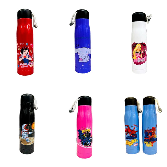 Seven cartoon print 550ml steel bottles laid out in two rows