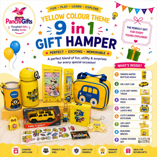 Yellow theme 9 in 1 gift hamper poster with bottle, lunch bag, car and bricks
