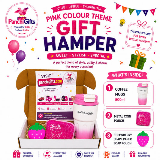 Pink colour theme 3 in 1 gift hamper poster with mug, coin pouch and soap pouch