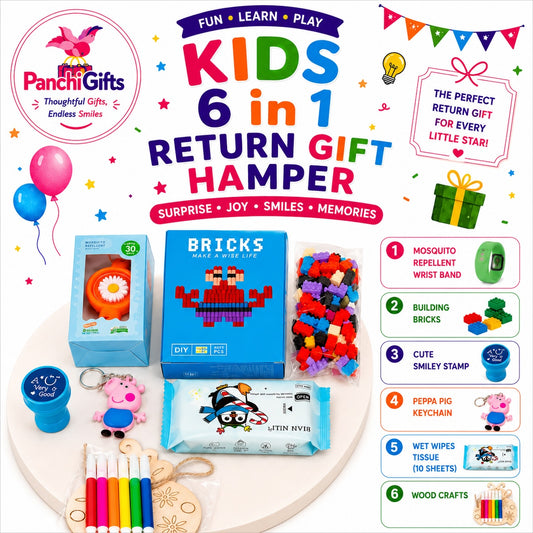 6 in 1 return gift hamper poster with wristband, bricks, stamp, keychain, wipes and craft