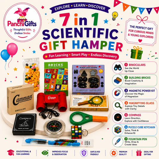 7 in 1 scientific gift hamper poster with binoculars, compass, magnifier and puzzle cube