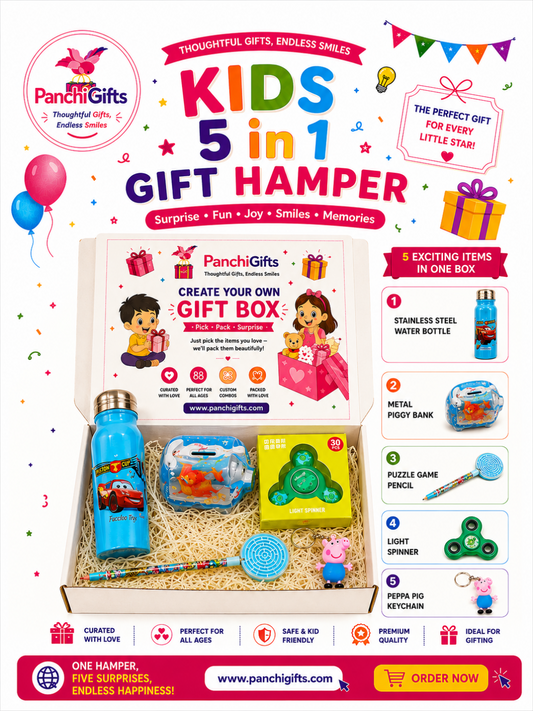 Kids 5 in 1 gift hamper poster showing water bottle, piggy bank, spinner and pencil