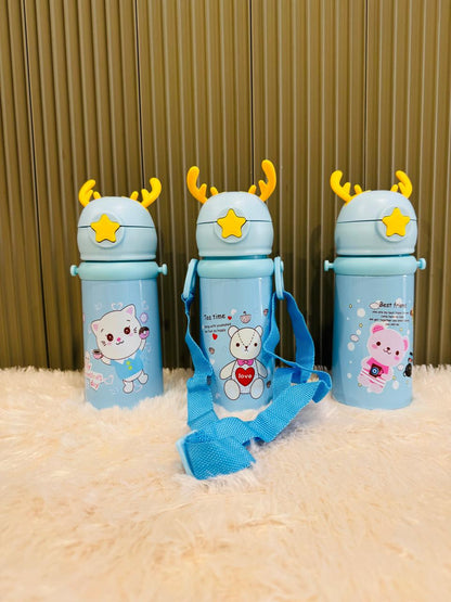 Three blue reindeer antler 500ml bottles with cat and bear prints