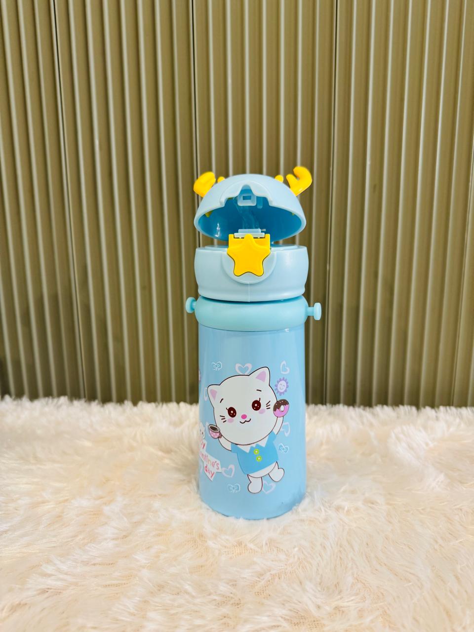 Blue reindeer antler 500ml bottle with cat print and yellow star