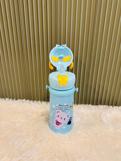 Blue reindeer bottle with flip lid open showing drinking straw