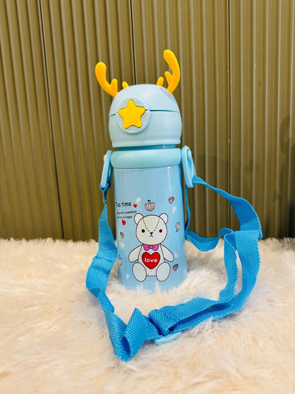 Blue reindeer antler 500ml bottle with bear print and long strap