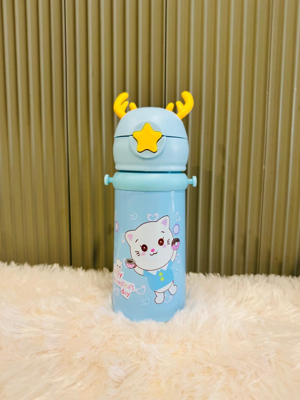 Blue reindeer antler 500ml bottle with cat print, front view