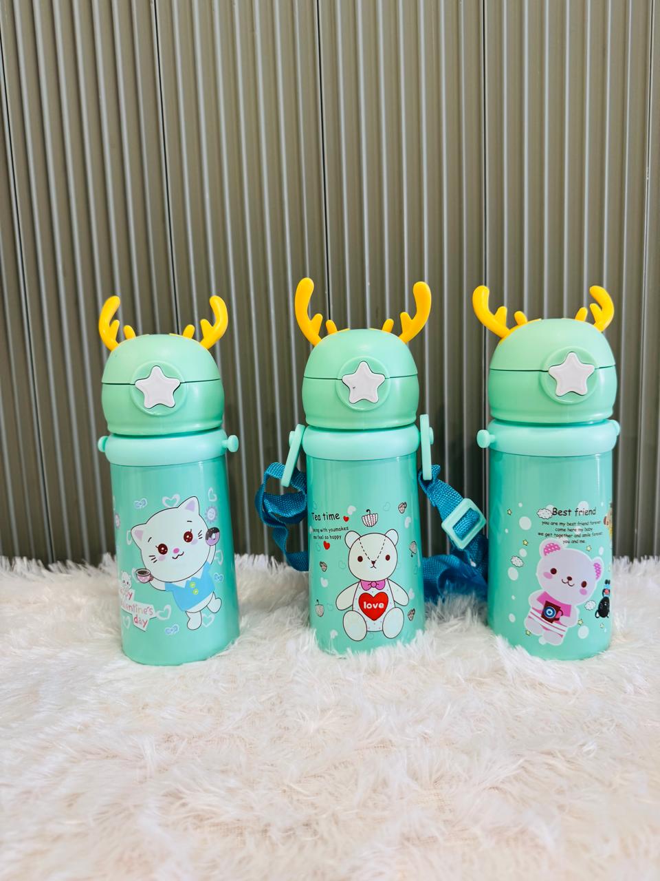 Three green reindeer antler 500ml bottles with cat and bear prints