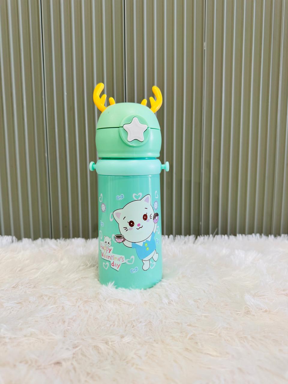 Green reindeer antler 500ml bottle with cat print, front view
