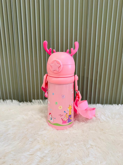 Pink reindeer antler 500ml bottle with animal print and strap