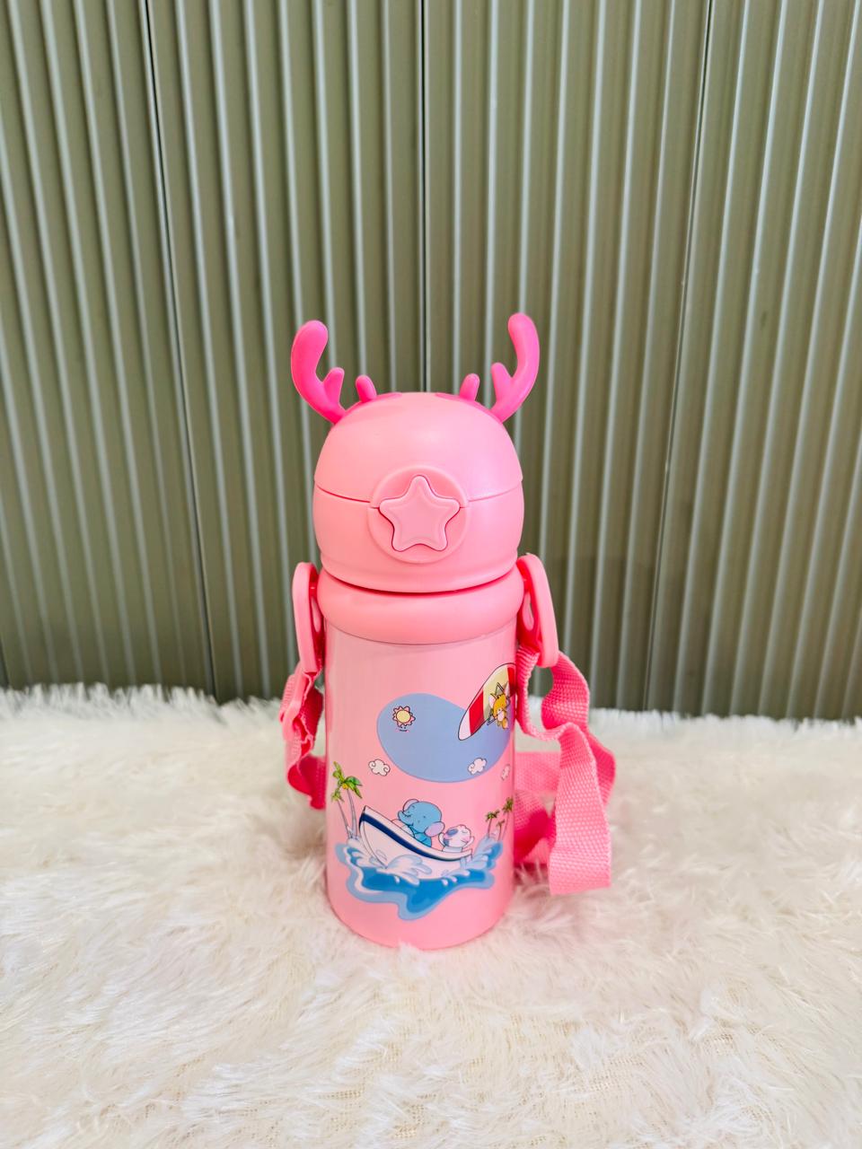 Pink reindeer antler 500ml bottle with whale print and carry strap