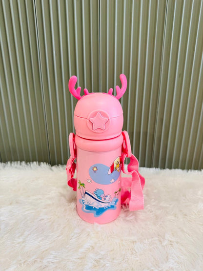 Pink reindeer antler 500ml bottle with whale print and carry strap