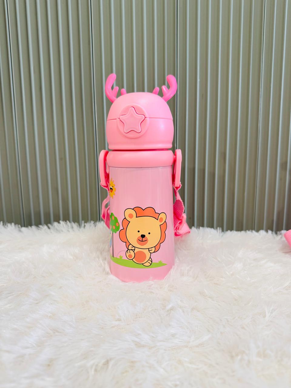 Pink reindeer antler 500ml bottle with lion print and shoulder strap