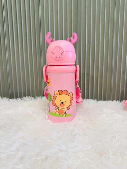 Pink reindeer antler 500ml bottle with lion print and shoulder strap
