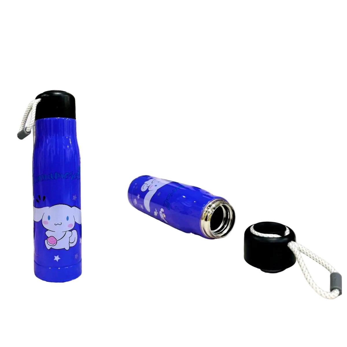 Blue 550ml steel bottle with cartoon puppy print, standing and lying