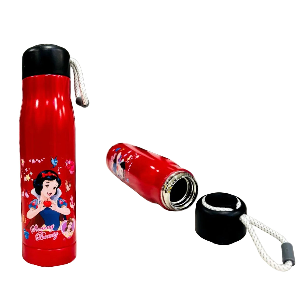 Red cartoon princess print 550ml bottle shown standing and open
