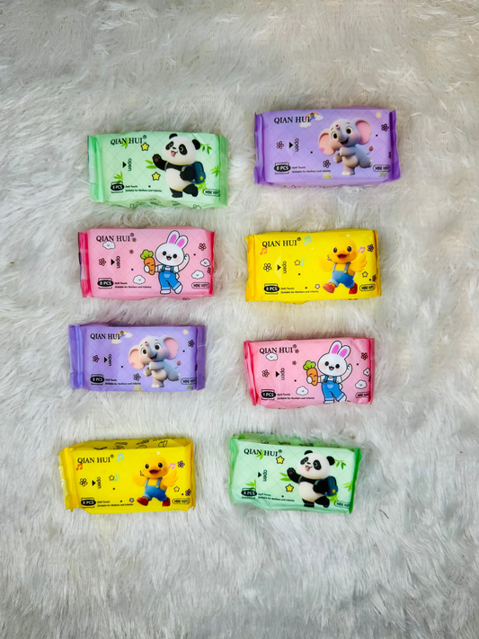 Eight cartoon animal print wet wipe pouches laid out in bright colours