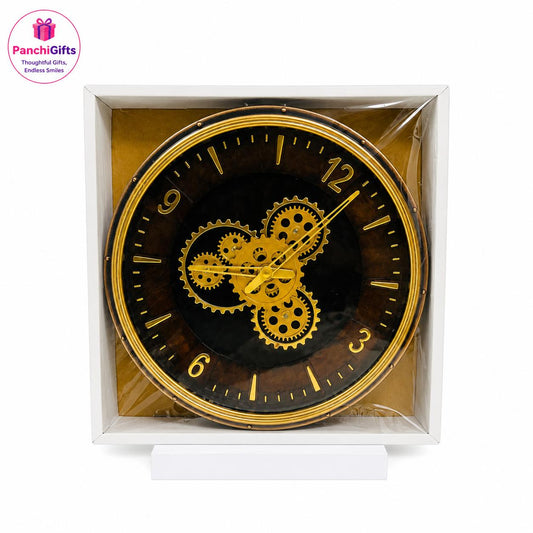 Mechanical Moving Gear Wall Clock for Hall & Living Room, Golden & Black