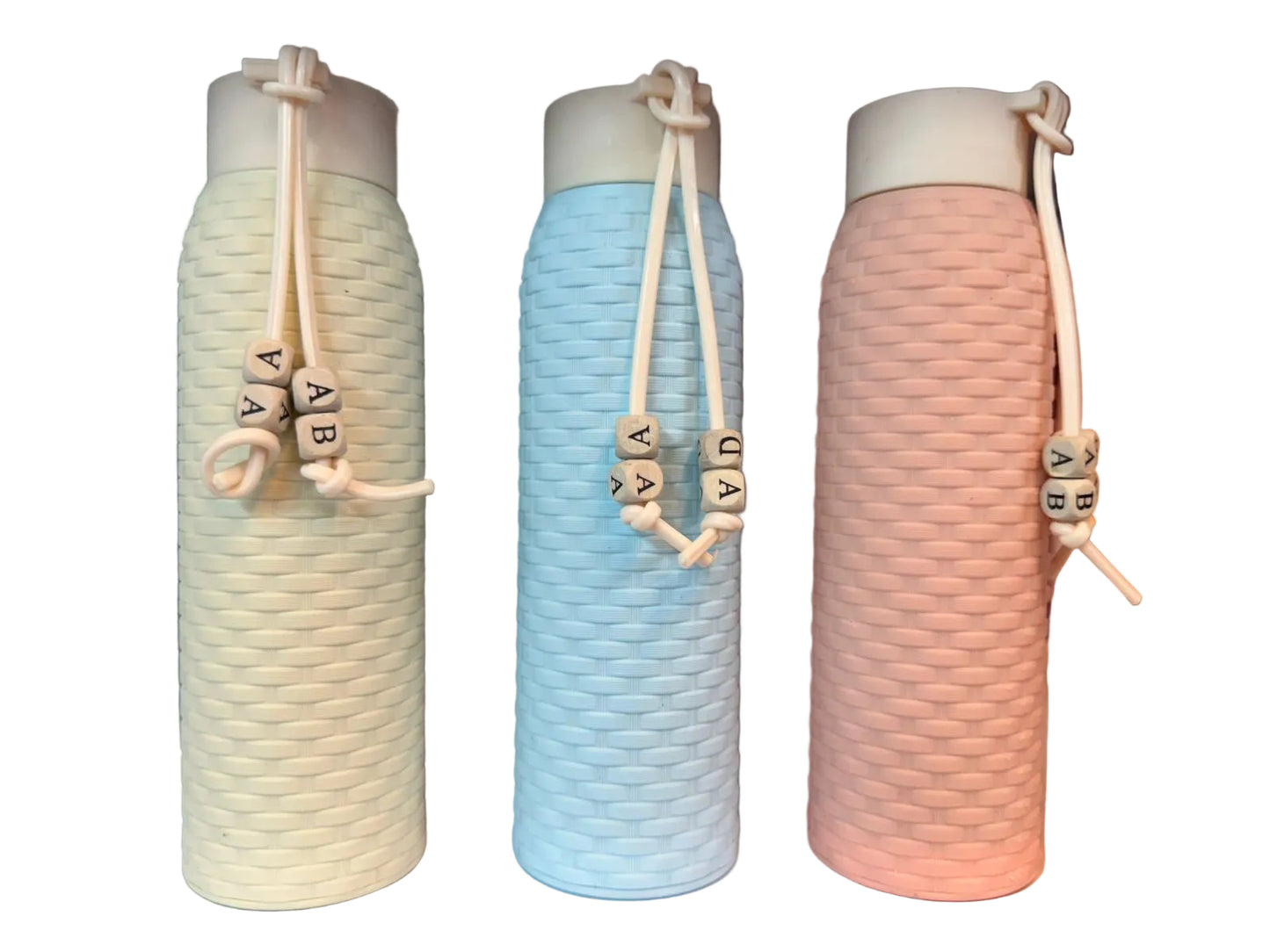 Fashion Glass Water Bottle 340ml with Pastel Plastic Cover & Silicone Bead Rope | For Office, School, Gym & Travel