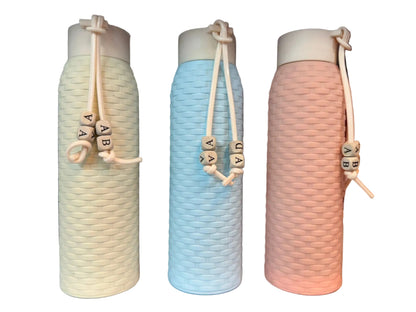 Fashion Glass Water Bottle 340ml with Pastel Plastic Cover & Silicone Bead Rope | For Office, School, Gym & Travel