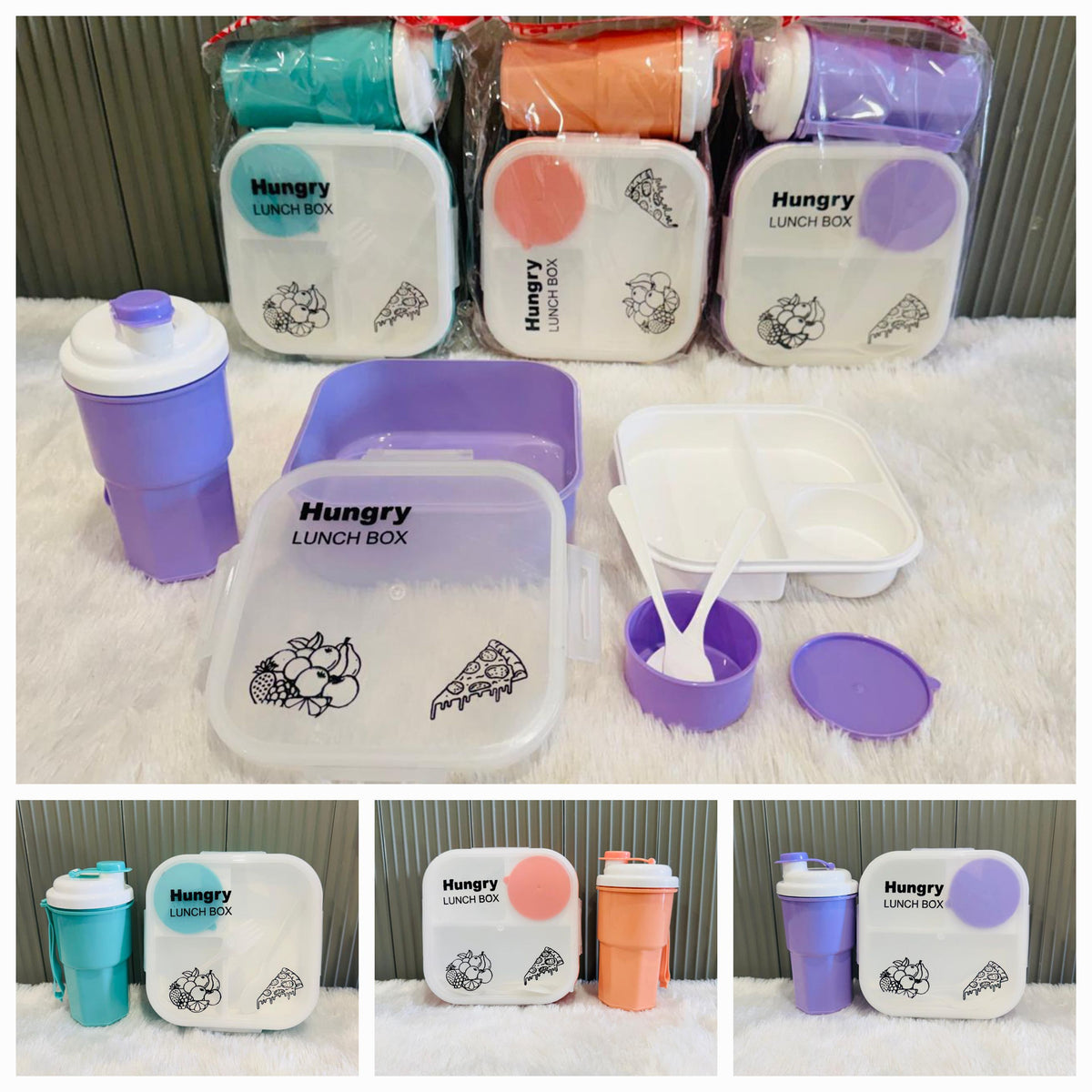 Hungry Lunch Box 1200ml 3 Compartment Set with Bottle