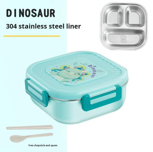 Blue dinosaur print lunch box with stainless steel three grid liner