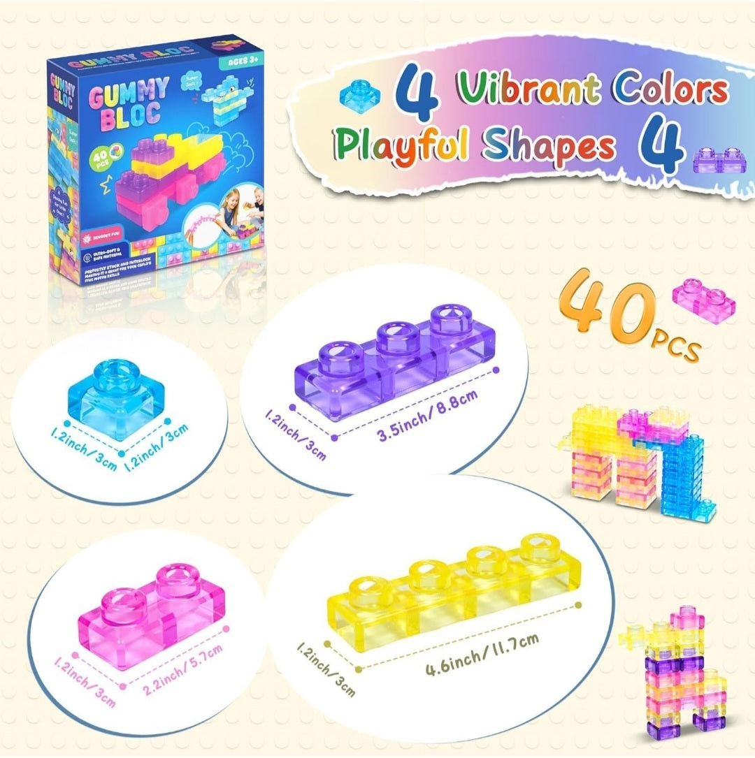 Magic Gummy Building Blocks 40 PCS – Soft, Stretchable & Squeezable Transparent Sensory Stacking Construction Blocks