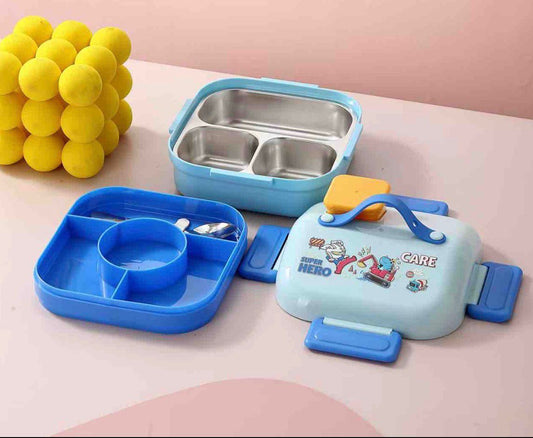 Blue hut shape lunch box with steel three grid tray and spoon