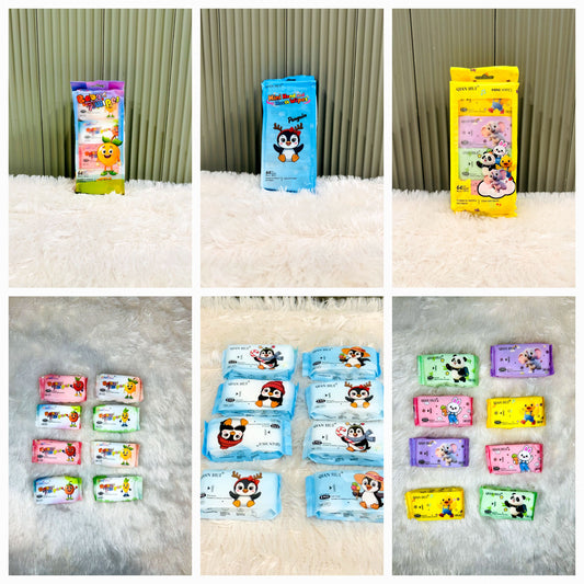 Wet wipes pouch pack collage showing animal, penguin and fruit print designs