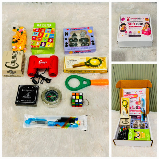Science gift set with red binoculars, compass, magnifying glass, cube keychain and pen