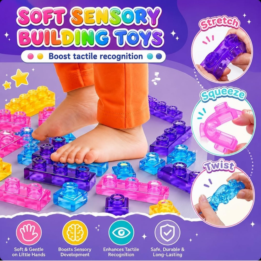 Magic Gummy Building Blocks 40 PCS – Soft, Stretchable & Squeezable Transparent Sensory Stacking Construction Blocks
