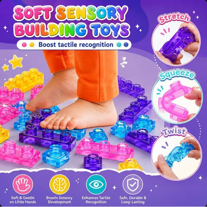 Magic Gummy Building Blocks 40 PCS – Soft, Stretchable & Squeezable Transparent Sensory Stacking Construction Blocks