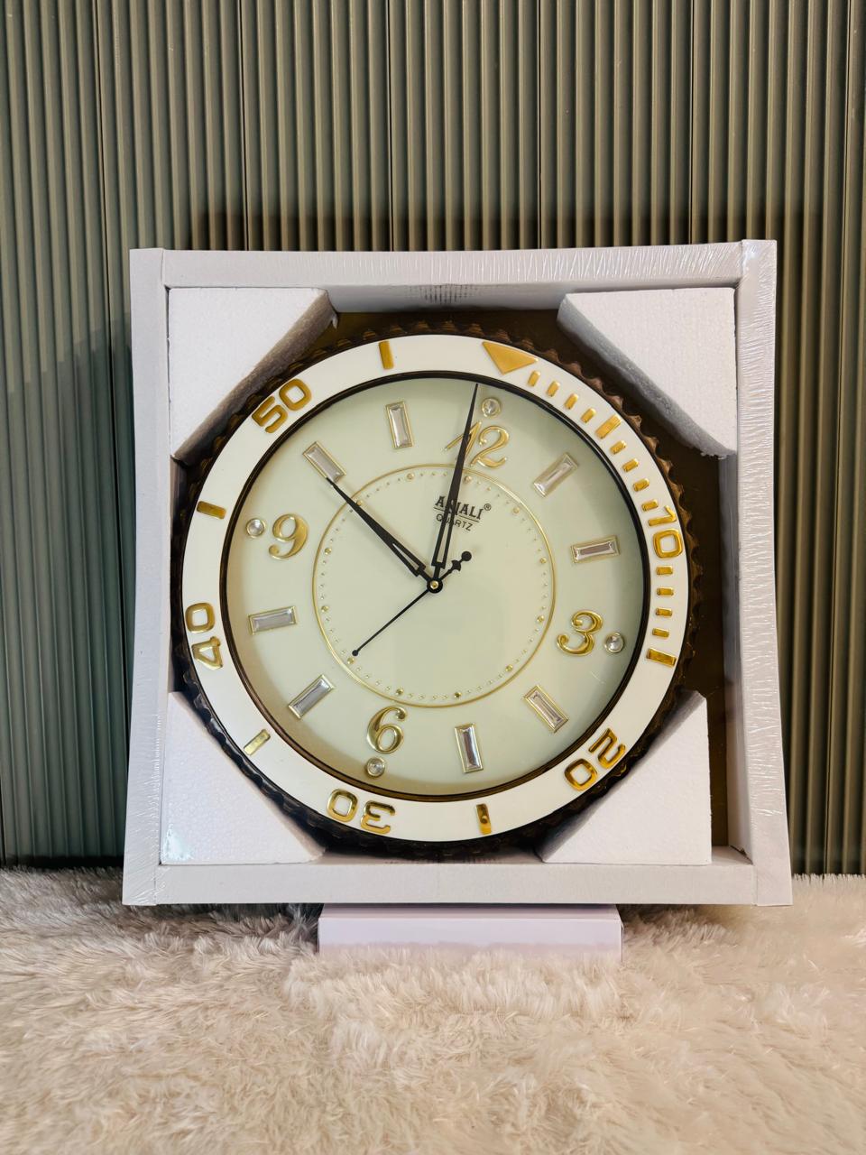 Stylish Golden & White Decorative Wall Clock for Hall & Living Room