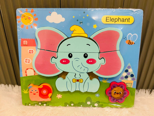 Wooden elephant jigsaw puzzle board with house and garden artwork