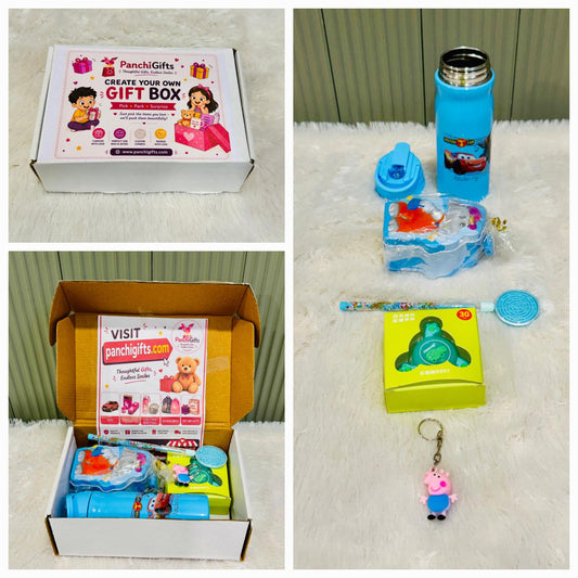 Kids 5 in 1 gift box open with steel bottle, coin bank and light spinner inside