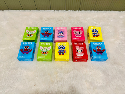 Ten mini building block toy boxes in green, blue, yellow, red and pink
