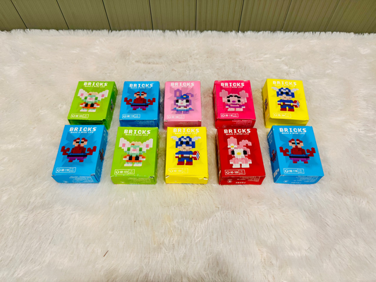 Ten mini building block toy boxes in green, blue, yellow, red and pink