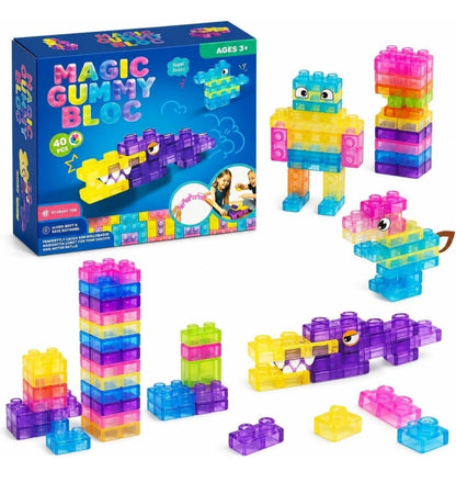 Magic Gummy Building Blocks 40 PCS – Soft, Stretchable & Squeezable Transparent Sensory Stacking Construction Blocks