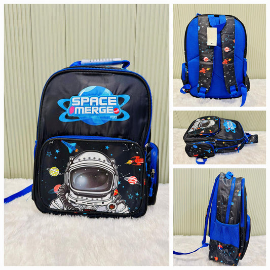 Navy astronaut space print backpack with blue trim, multiple angle views