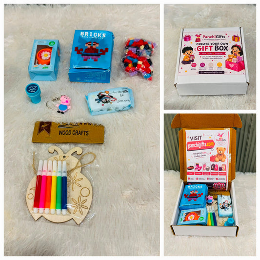 Return gift items with mosquito band, bricks box, smiley stamp, wet wipes and wood craft
