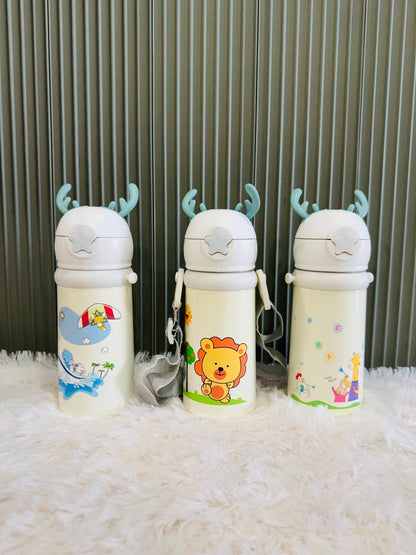Three cream reindeer antler 500ml bottles with animal prints and straps