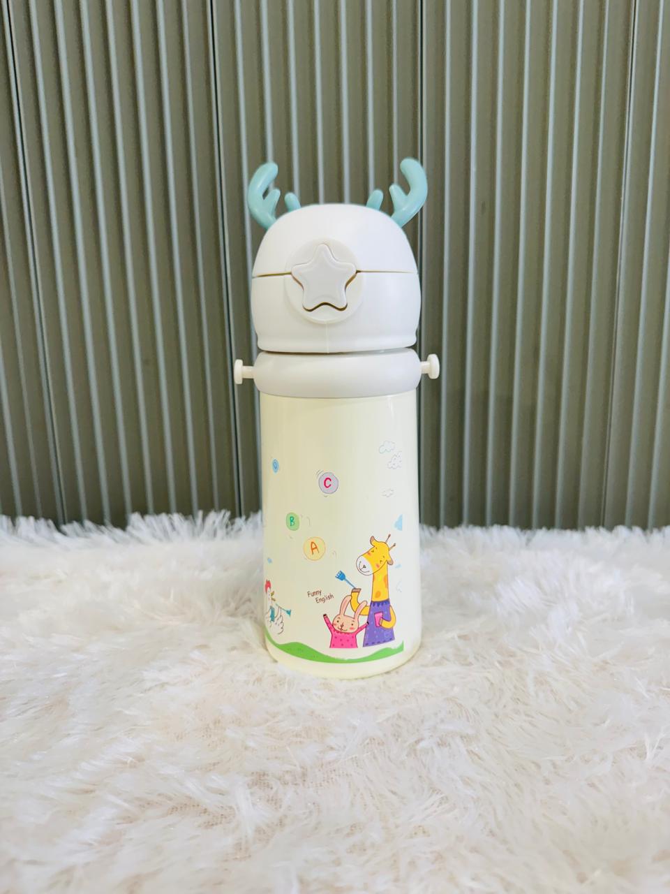 Cream reindeer antler 500ml bottle with giraffe print, front view