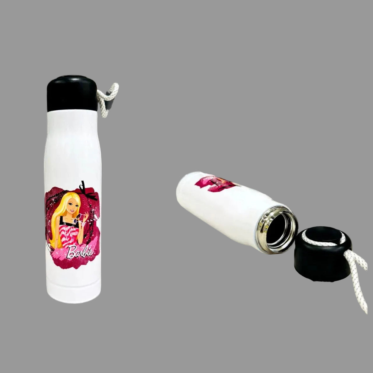 White 550ml cartoon doll print bottle shown standing and lying down