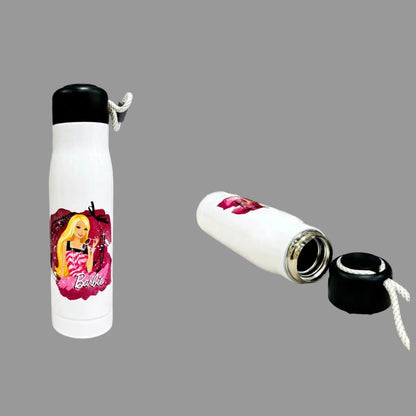 White 550ml cartoon doll print bottle shown standing and lying down